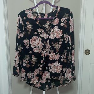 Pink, green, black floral pattern shirt. Long sleeve, lightweight